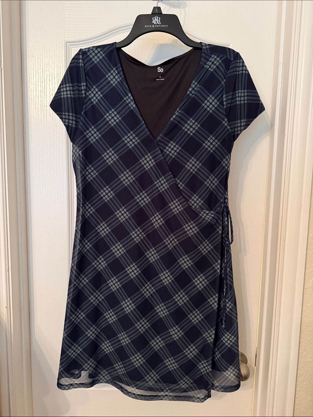 Navy Plaid Wrap Dress with Side Tie